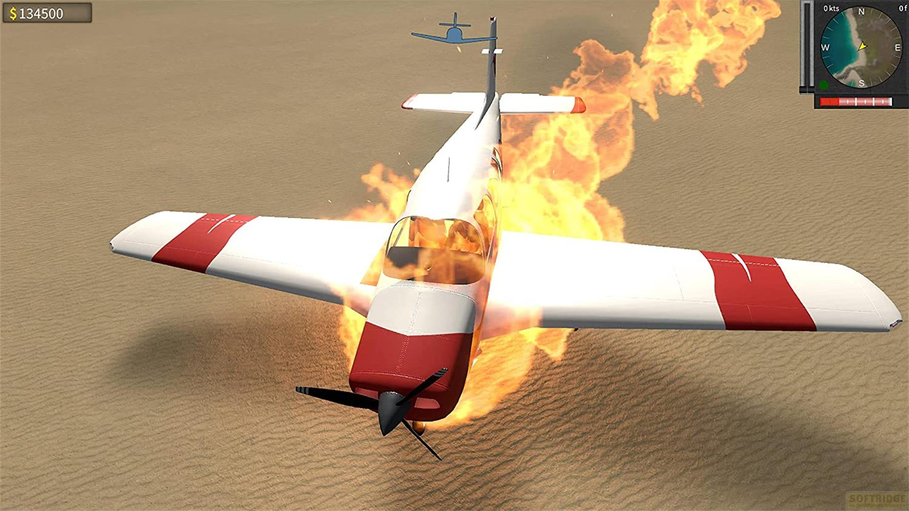 Ein weiß-rotes Flugzeug brennt und stürzt in einer Wüstenlandschaft ab.