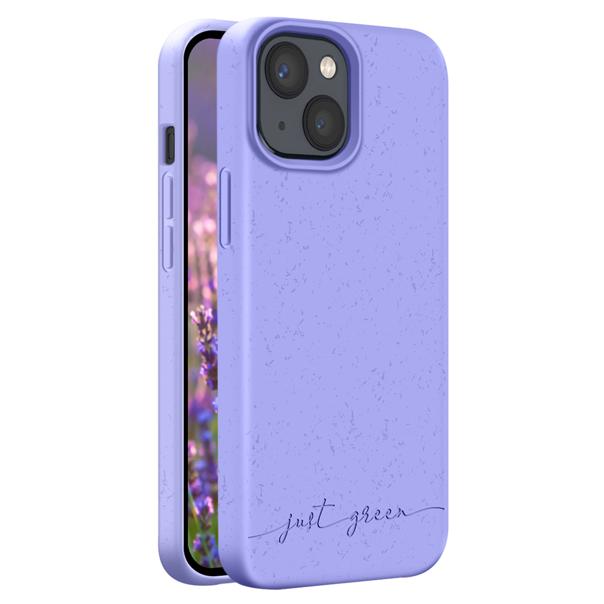 Una cover viola per telefono con immagine di lavanda all'interno, su sfondo bianco.
