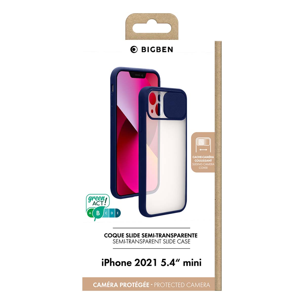 Una custodia trasparente per iPhone 2021 mini con copri-fotocamera scorrevole blu.