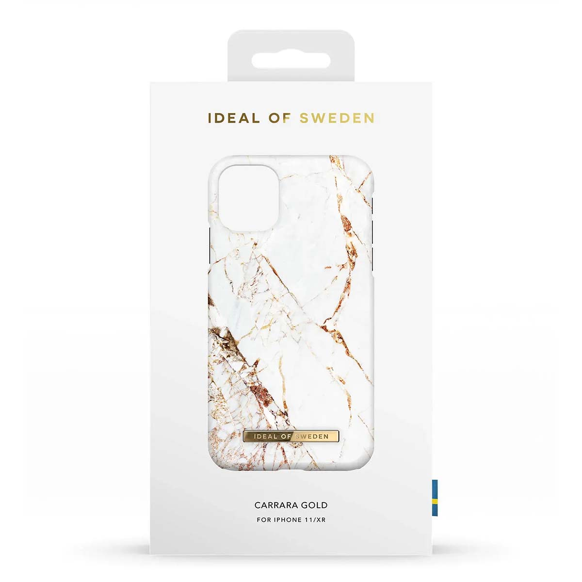 Embalaje para una funda de teléfono de mármol blanco con vetas doradas.