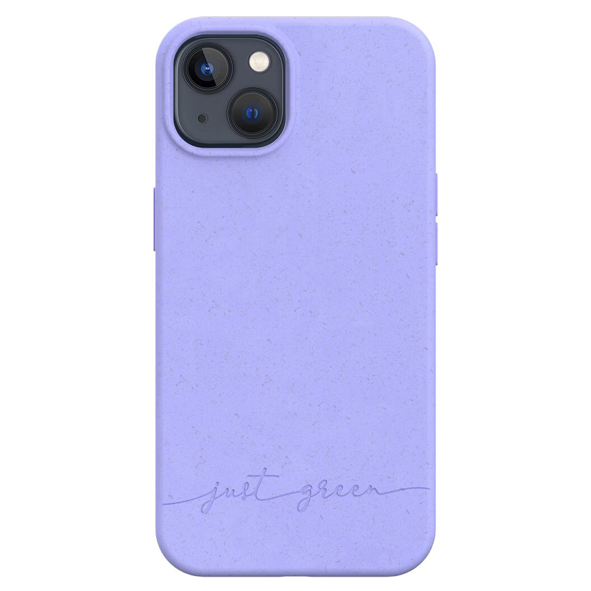Una cover viola lavanda con fotocamere e testo 'just green'.
