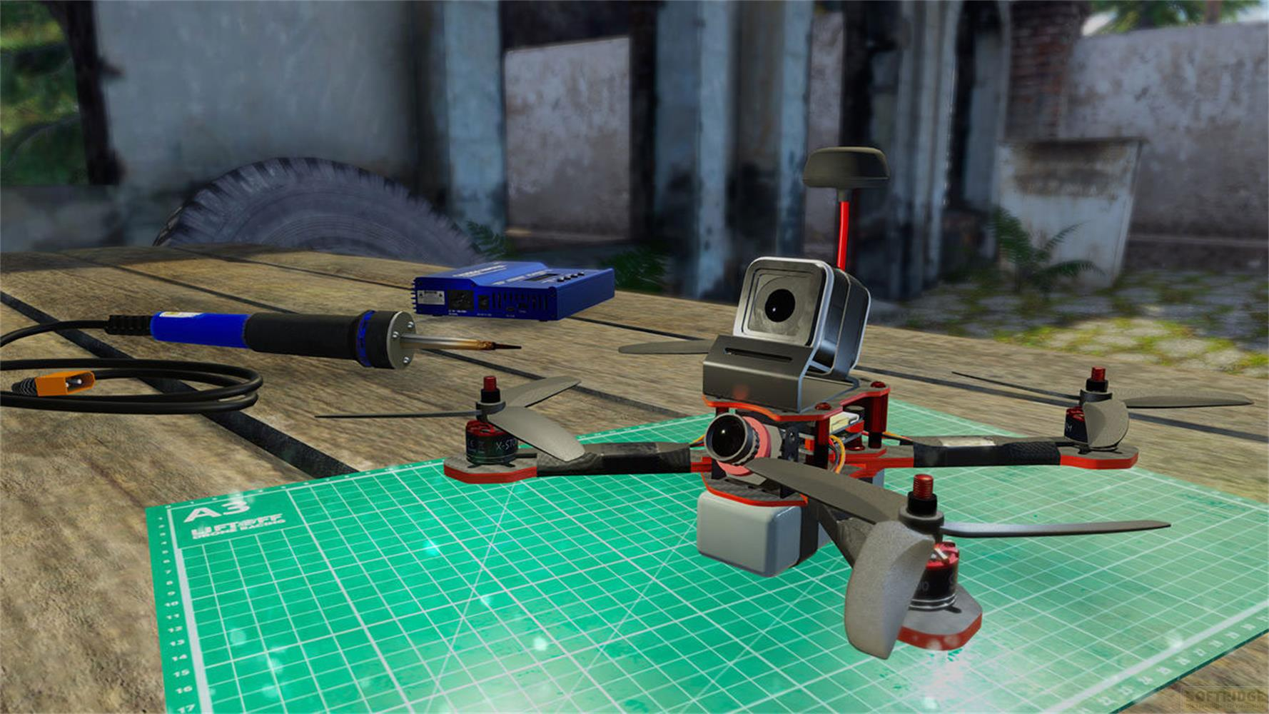 Ein FPV-Drone-Aufbau mit Lötstation auf einem Holztisch.