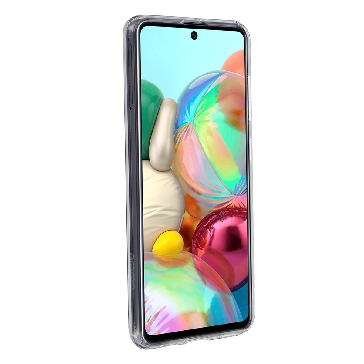 Uno smartphone in custodia trasparente mostra uno sfondo colorato.
