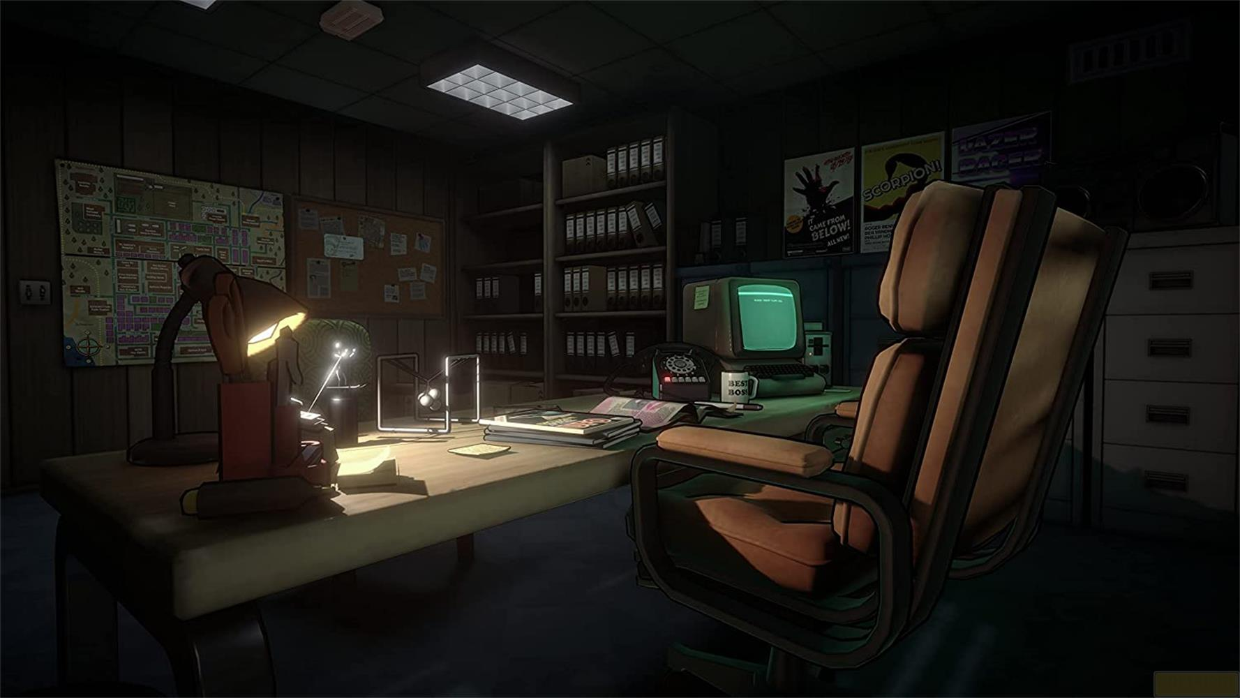 Ein Büro mit Schreibtisch, Computer, Aktenregalen und einem Stuhl.