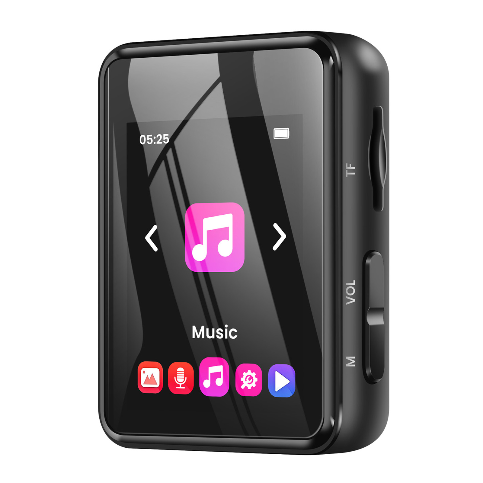 Un lettore musicale nero con schermo touch che mostra un'app con nota musicale.