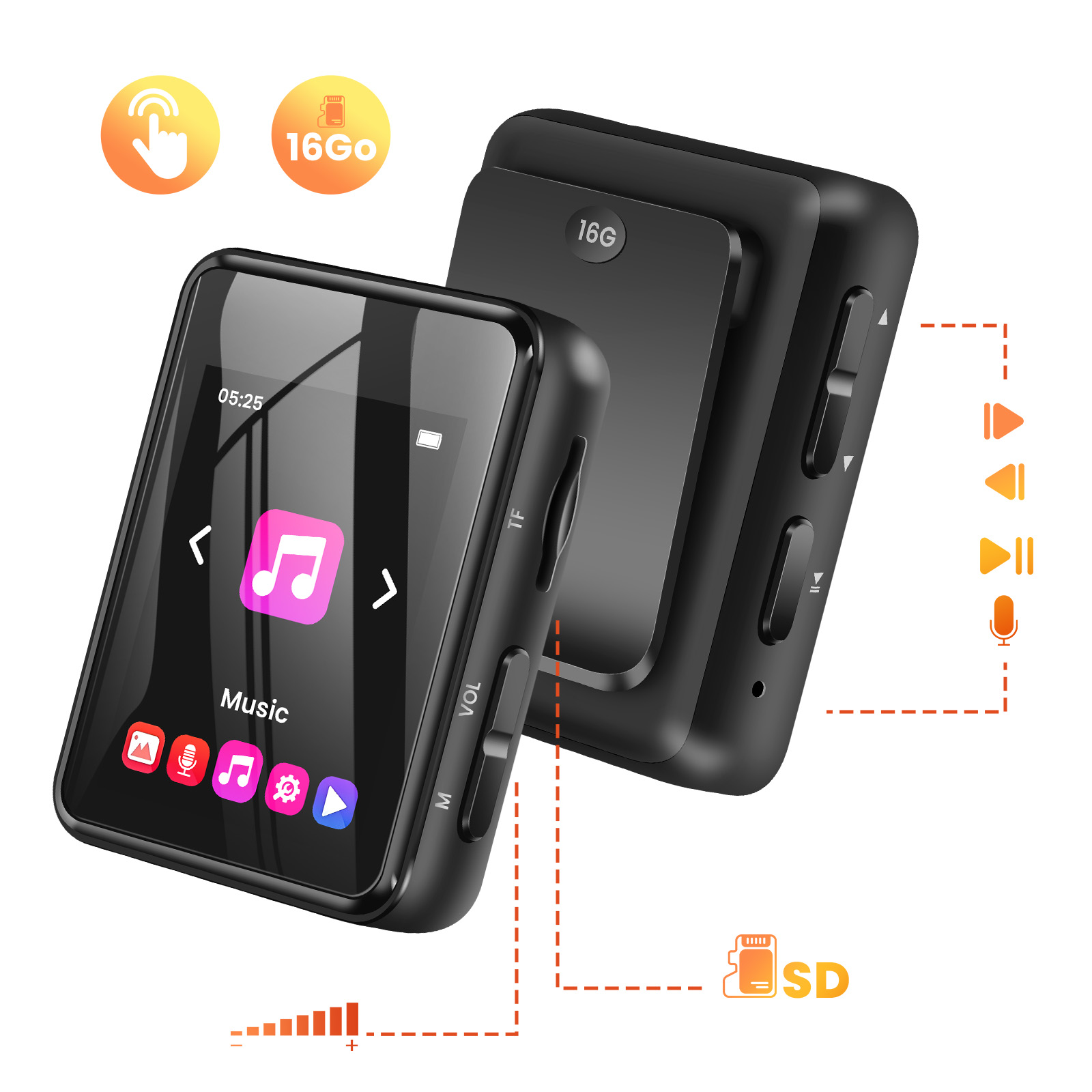 Lettore musicale nero con touchscreen, 16 GB di memoria e slot per schede SD.