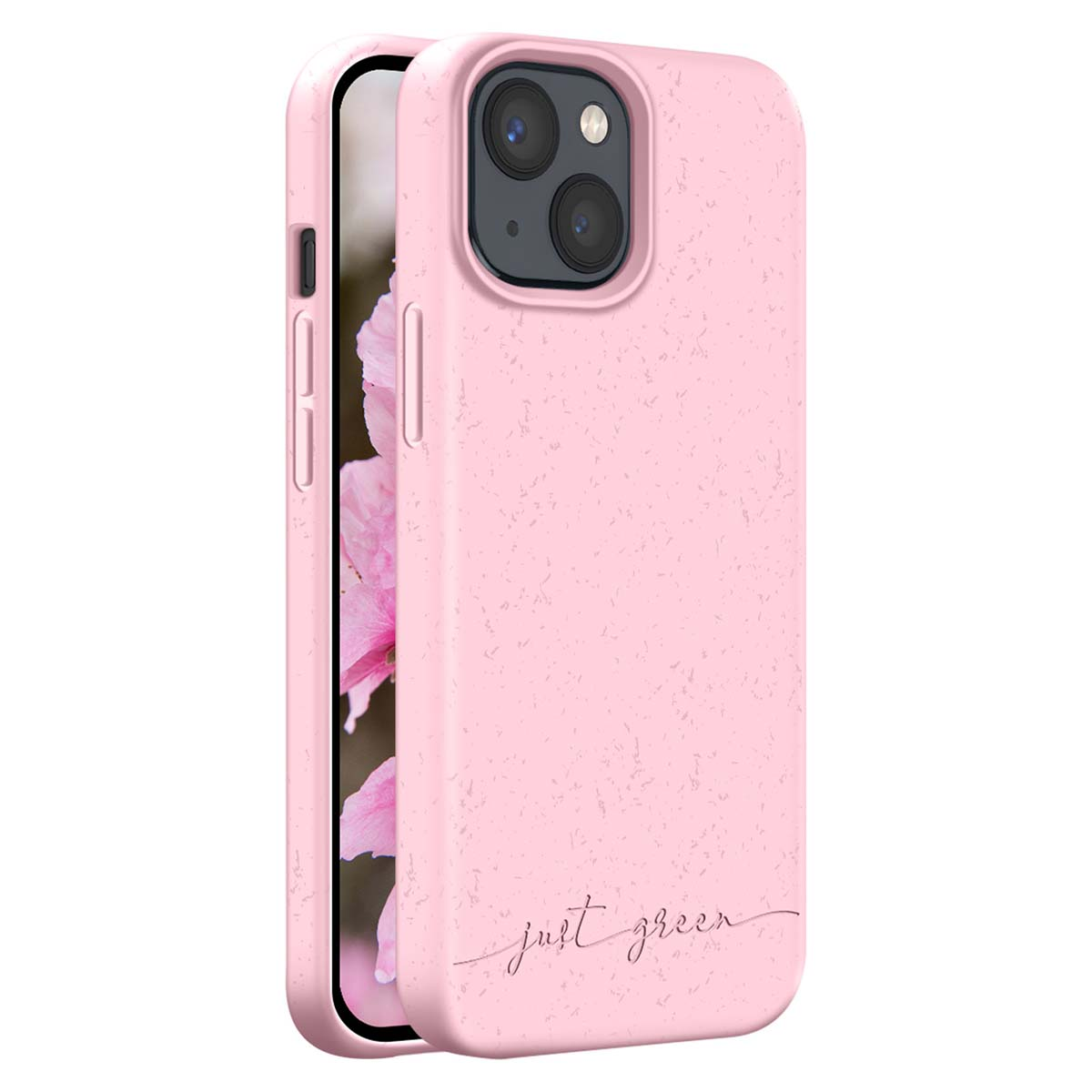 Un iPhone rosa chiaro con testo "just green" sul retro.