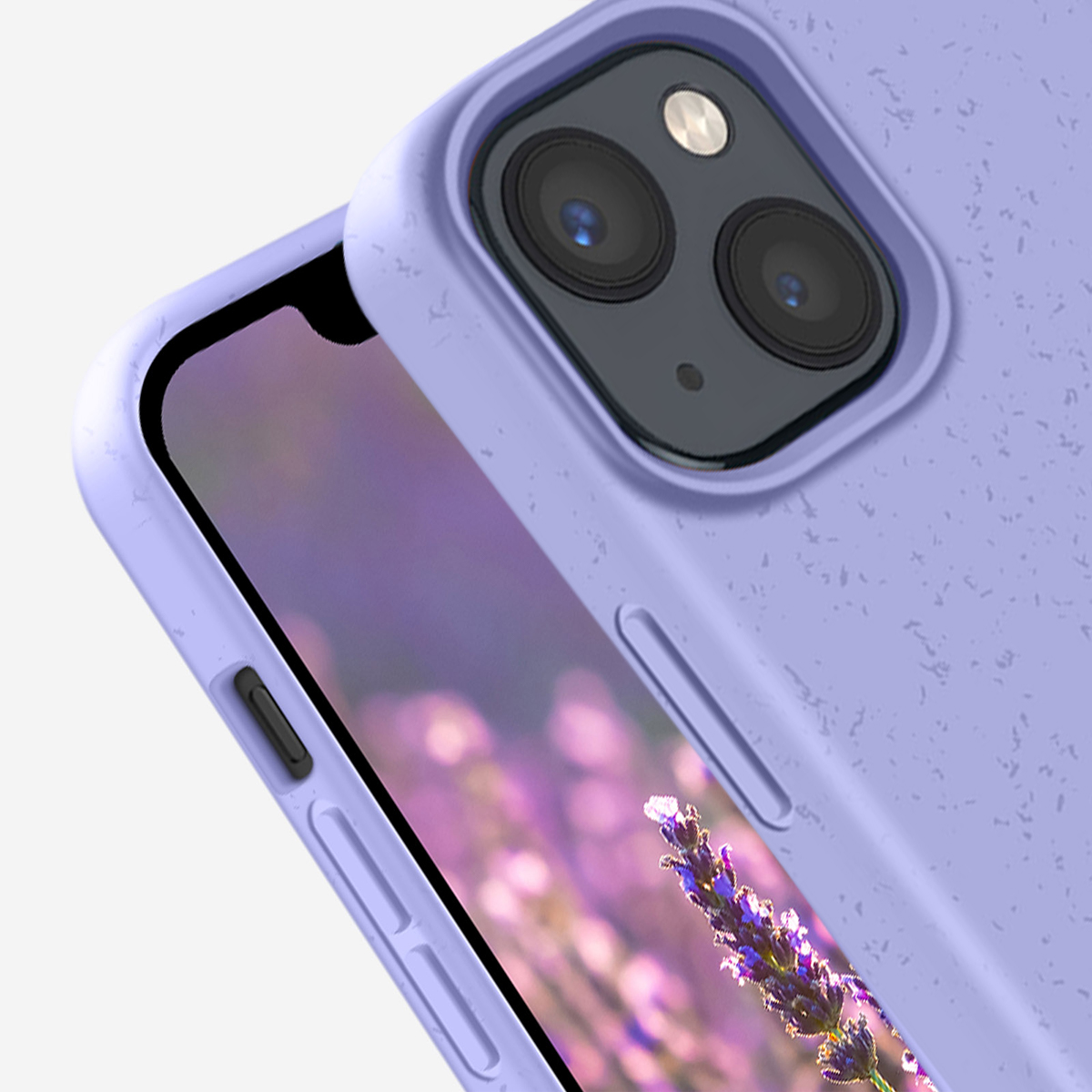 Cover viola per telefono con sfondo lavanda e due obiettivi.