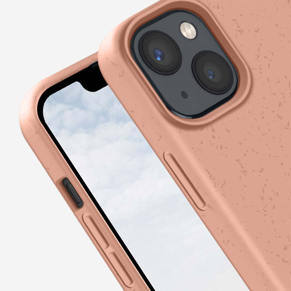 Viene mostrata una custodia rosa per telefono con doppia fotocamera e schermo.