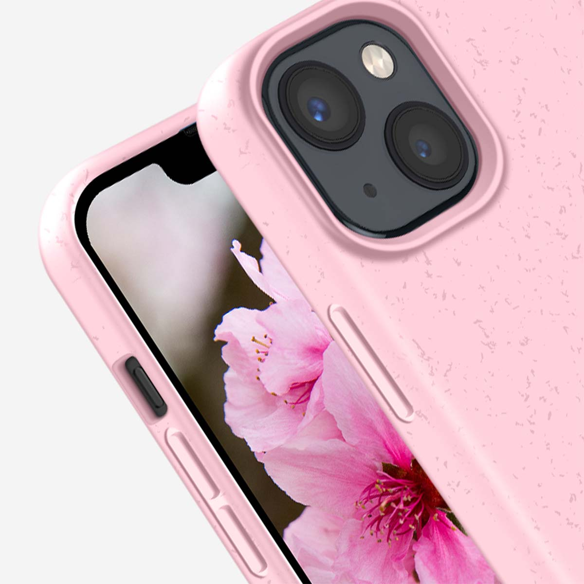 Una cover rosa per telefono con un motivo floreale sullo schermo.