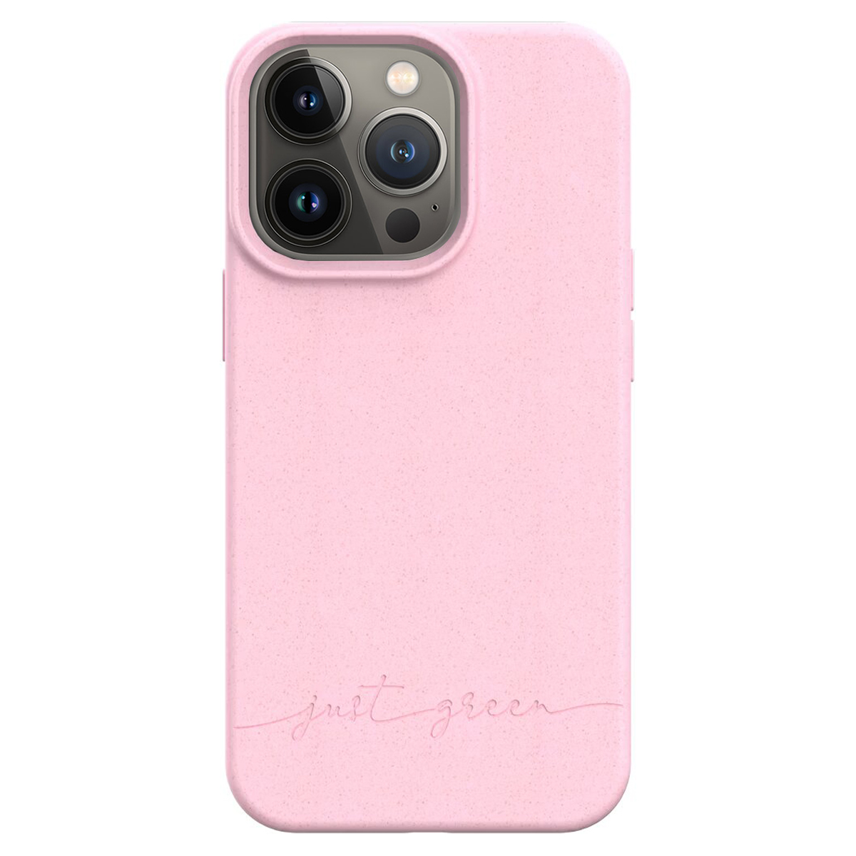 Ein rosafarbener iPhone-Schutz mit drei Kameras und Blitz.