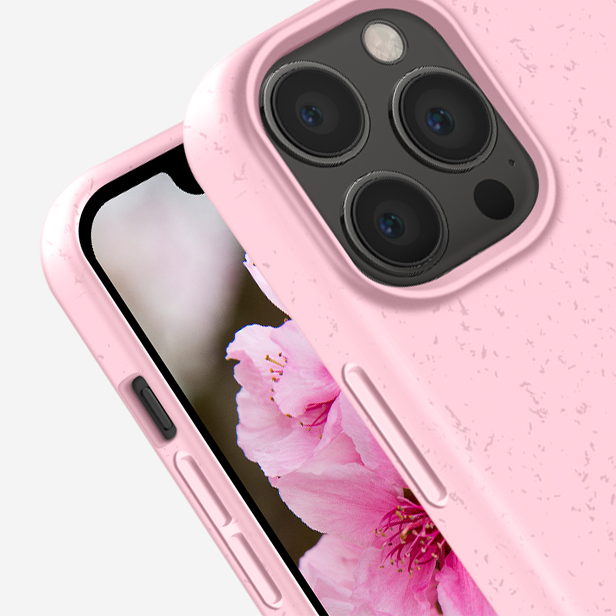 Eine rosa iPhone-Hülle mit einem blumigen Bildschirmschoner ist zu sehen. Die Kameraanordnung ist sichtbar.