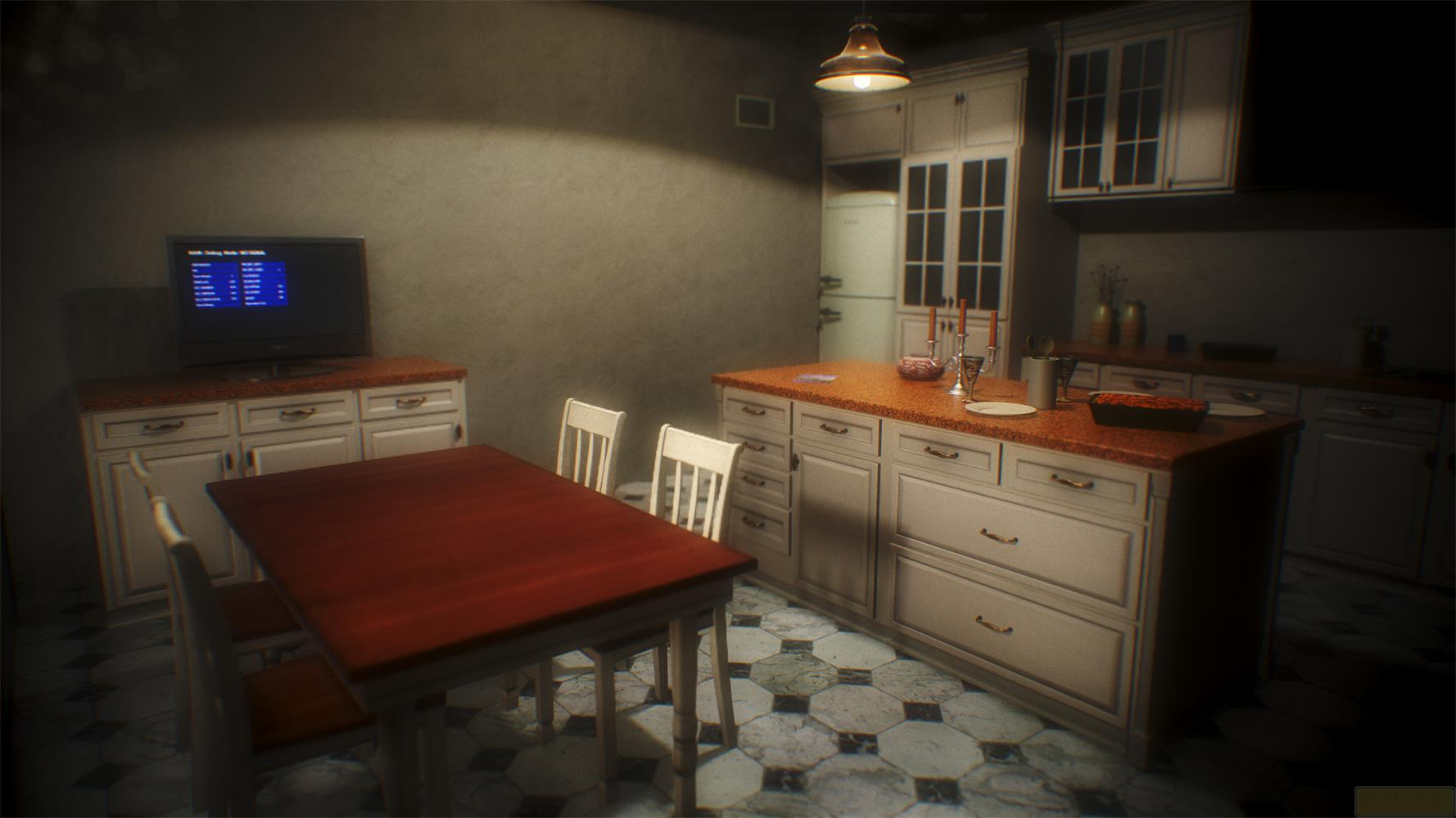 Kuchnia ze stołem i krzesłami, kuchenką i telewizorem.