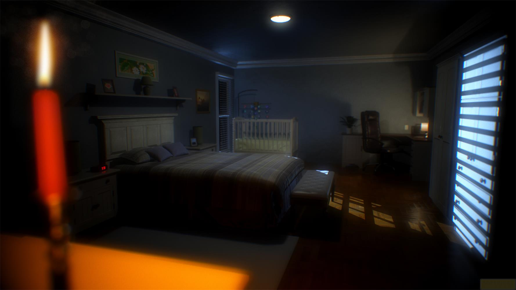 Płonąca czerwona świeca oświetla sypialnię z łóżkiem i łóżeczkiem.