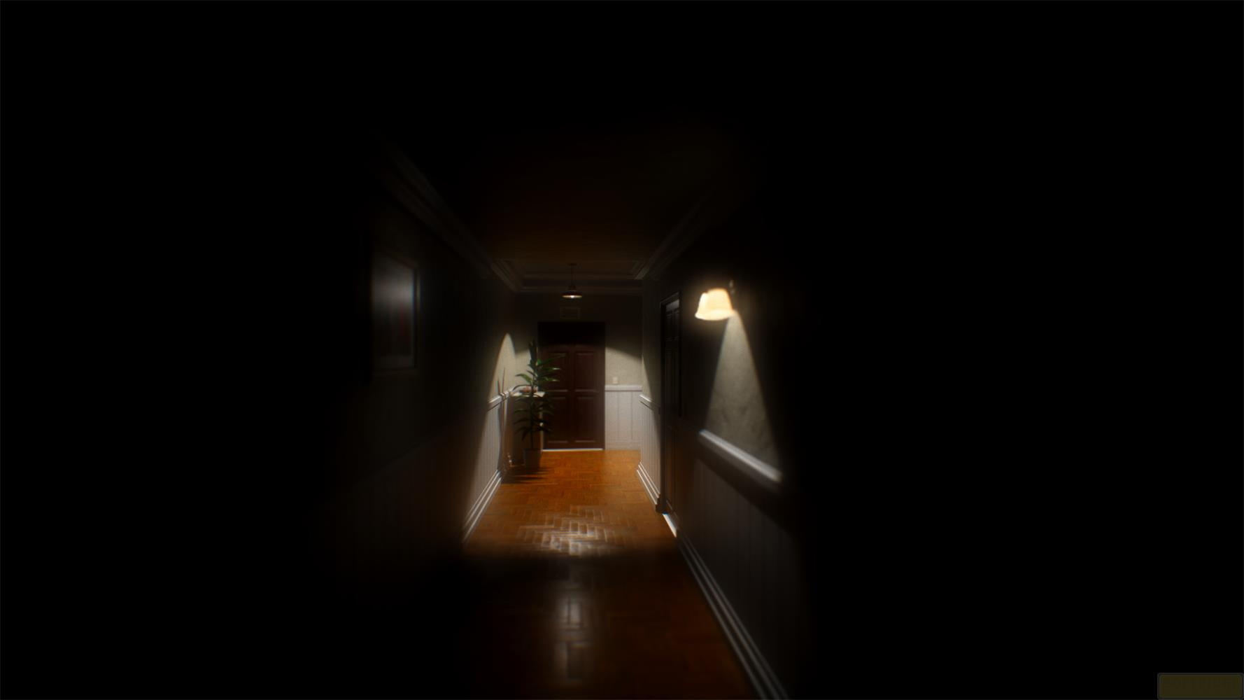 Ciemny korytarz z drewnianą podłogą, rośliną doniczkową i drzwiami na końcu.