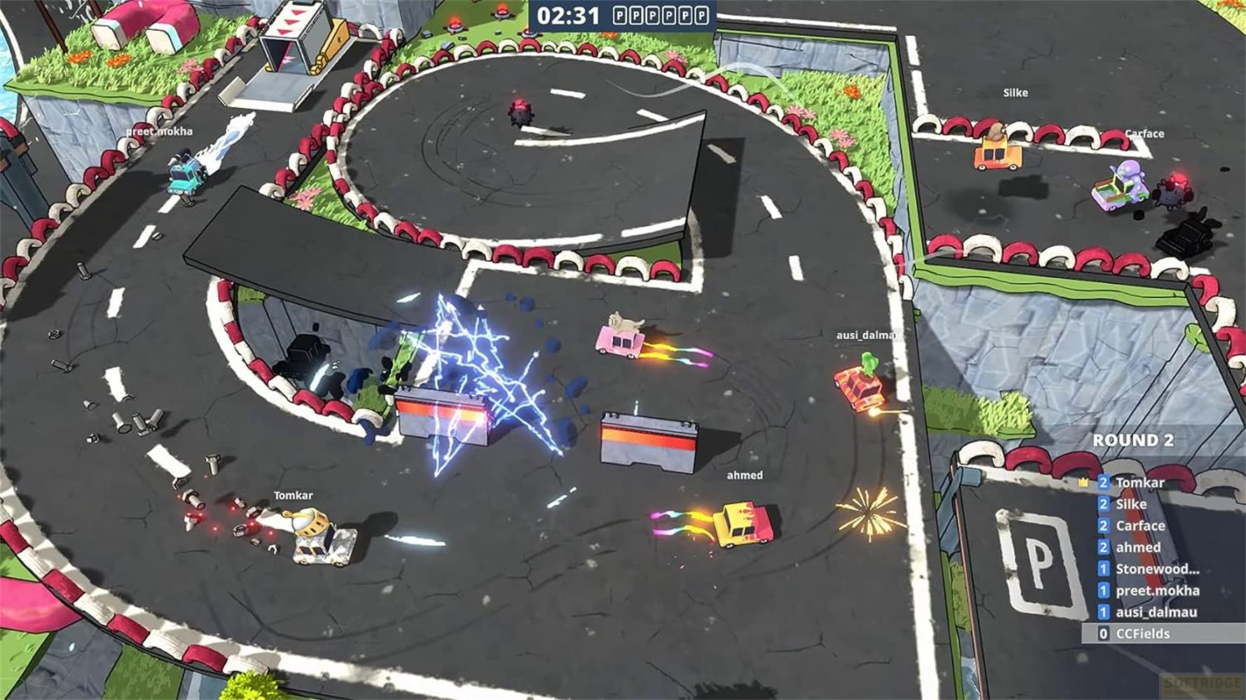 Rennstrecke mit bunten Karts, Blitzen und einer Punktestandsanzeige.