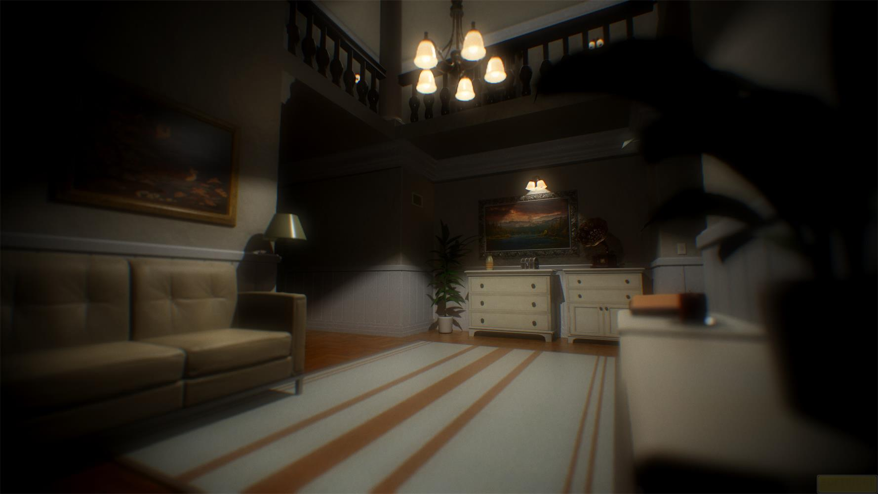 Mroczny hol z sofą skórzaną, dywanem, komodami i obrazem.