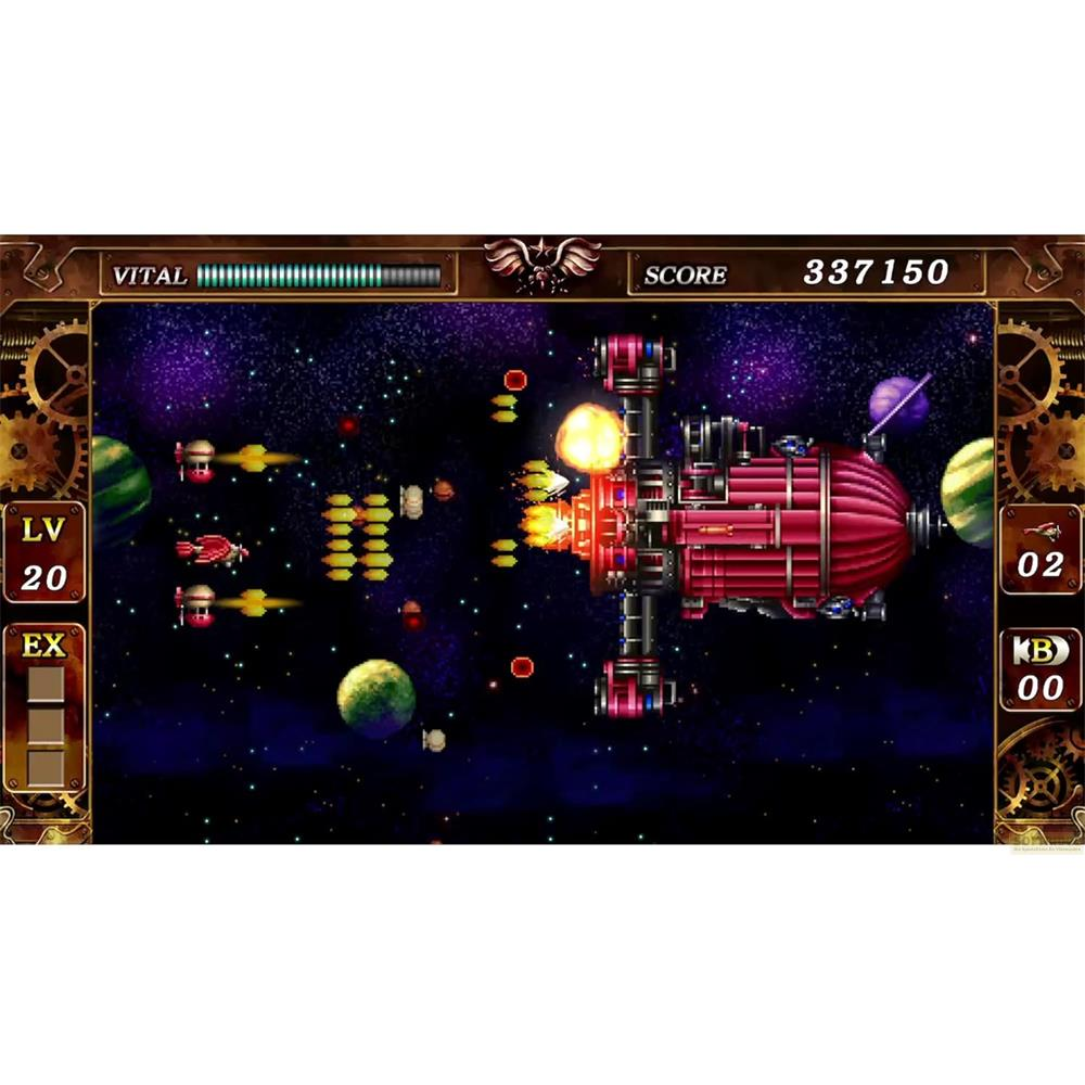 Ein Raumschiff-Shooter-Spiel im Weltraum mit einem großen roten Schiff im Vordergrund.