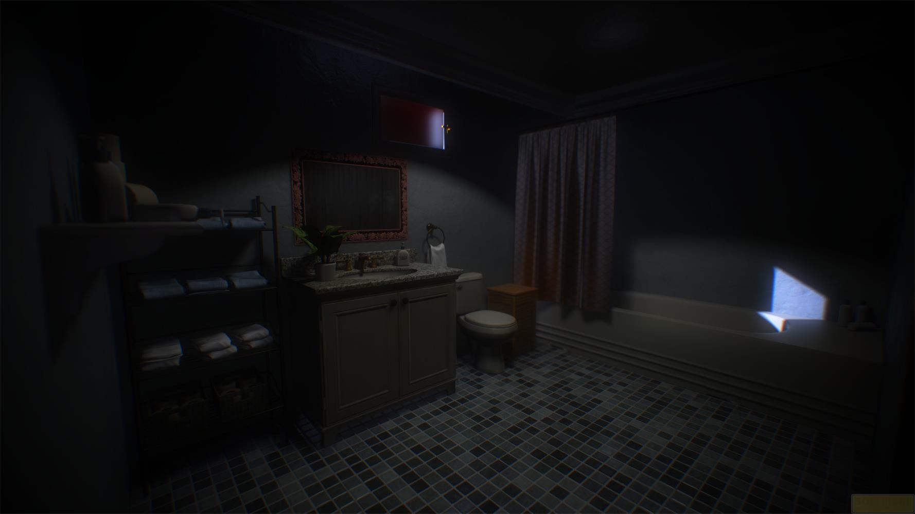 Ciemna łazienka z umywalką, toaletą i wanną. Półka z ręcznikami.