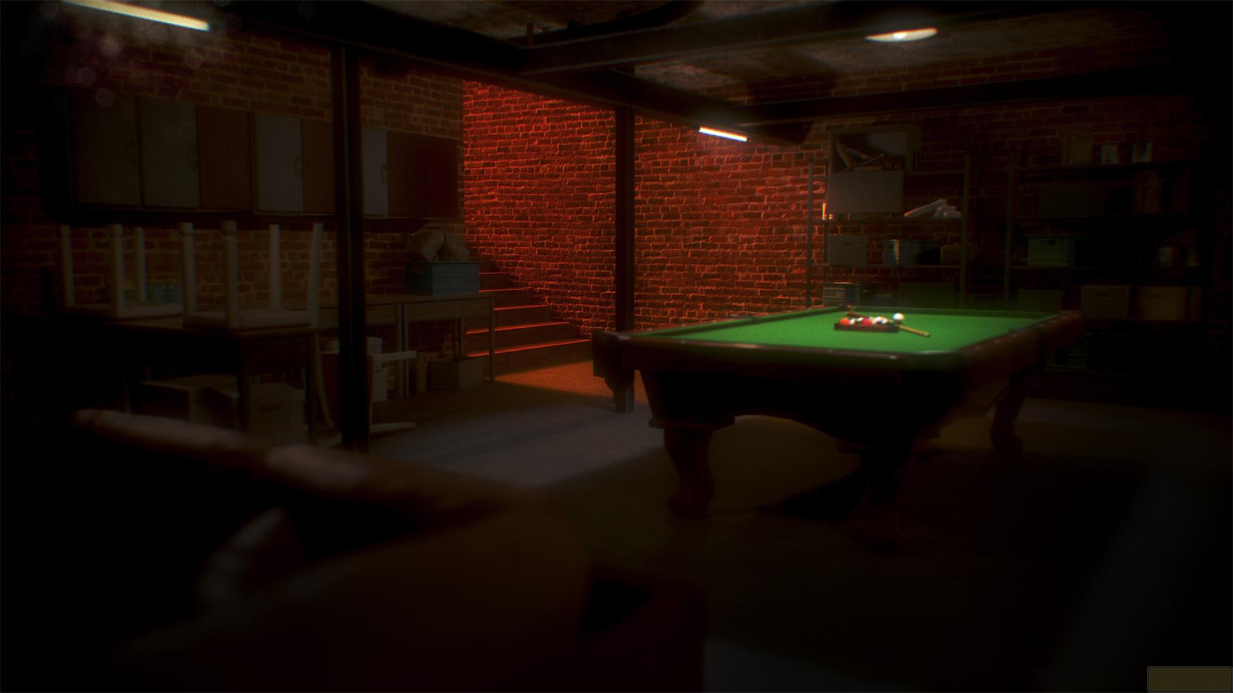 Stół bilardowy z kulami w ceglanym pomieszczeniu ze schodami.