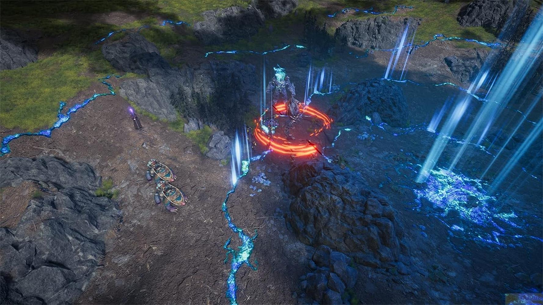 Un guerriero in un cerchio rosso, circondato da raggi di luce blu e terreno luminoso.