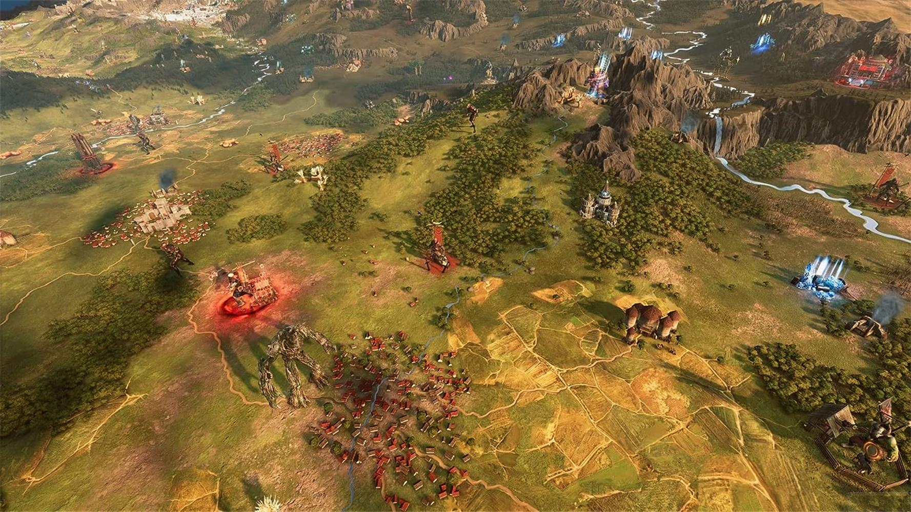 Mappa strategica con eserciti, città, montagne e foreste.