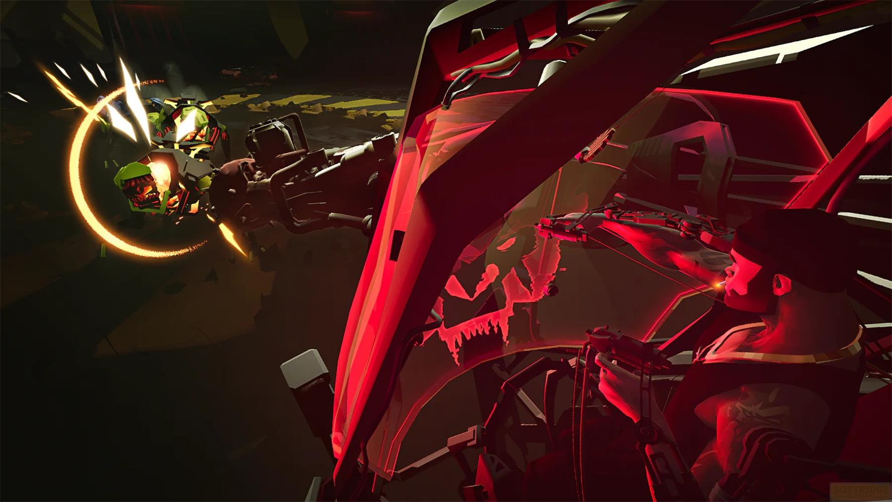 Mann mit Waffe in rot beleuchtetem Cockpit, kämpft gegen grüne Roboter.