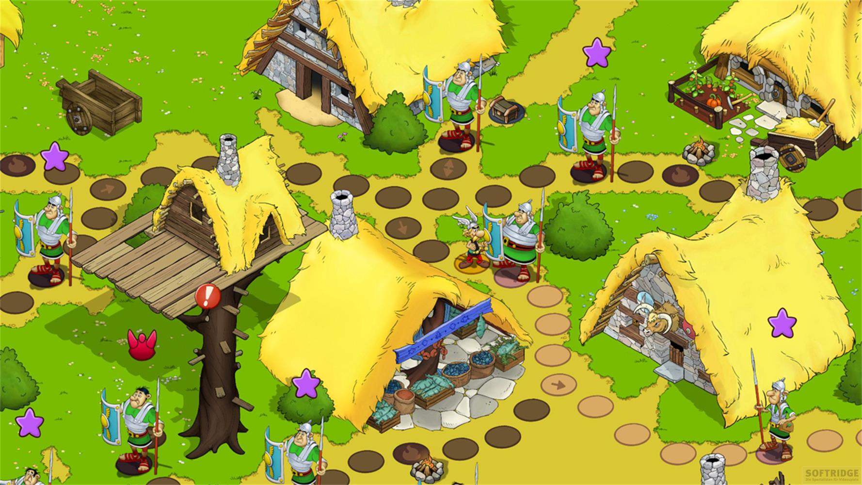 Römer und gallische Häuser auf einem grünen Feld mit Sternen und Spielfeldern.