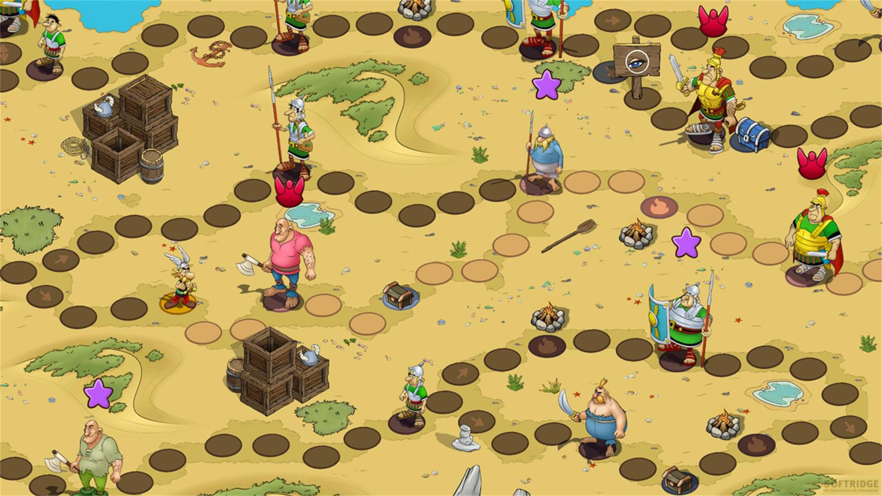 Spielbrett mit Cartoon-Figuren, römischen Soldaten und Galliern auf Sand.