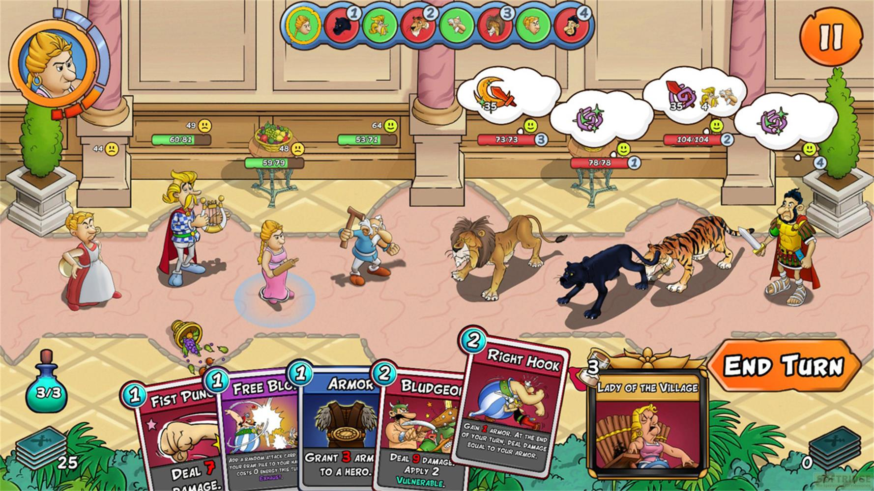 Spielszene mit Cartoon-Kriegern, Tieren und Karten. Ein Kampf findet statt.
