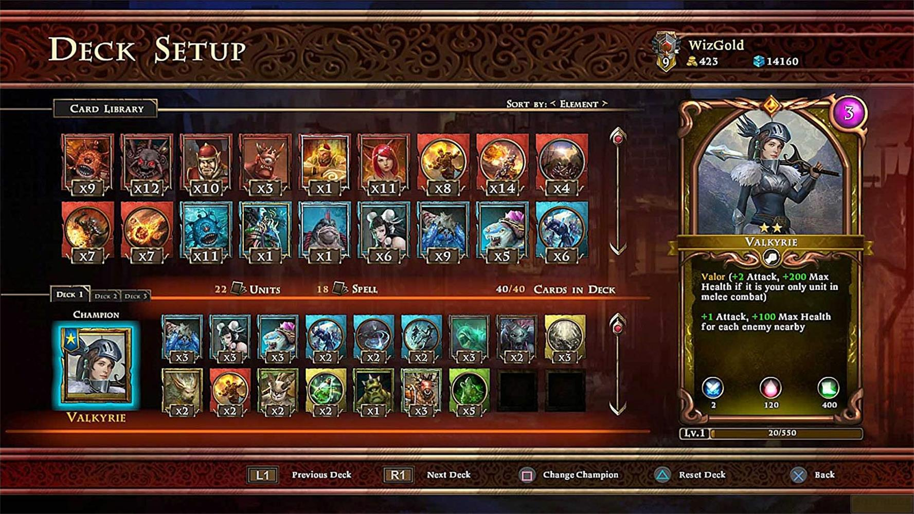 Deck-Einrichtungsbildschirm mit Kartenbibliotheken und Charakterdetails.