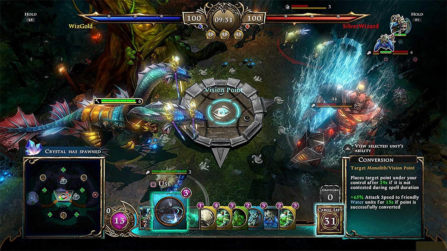 Zwei Drachen kämpfen in einem Spiel. Ein Kristall ist erschienen. Ein Spieler hat 31 Karten.