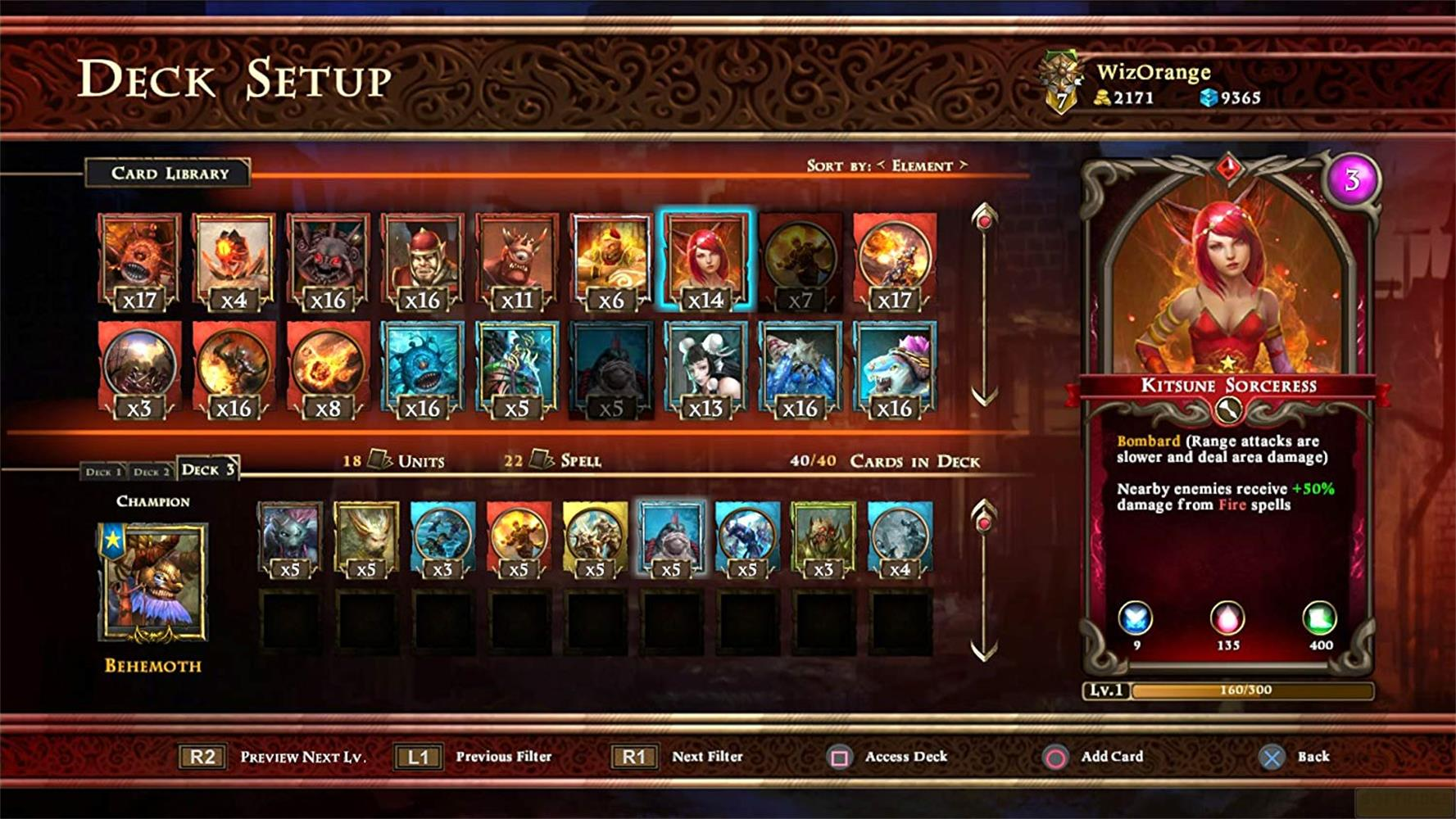 Spielbildschirm zur Deckzusammenstellung mit Karten, Charakteren und Spielstatistiken.