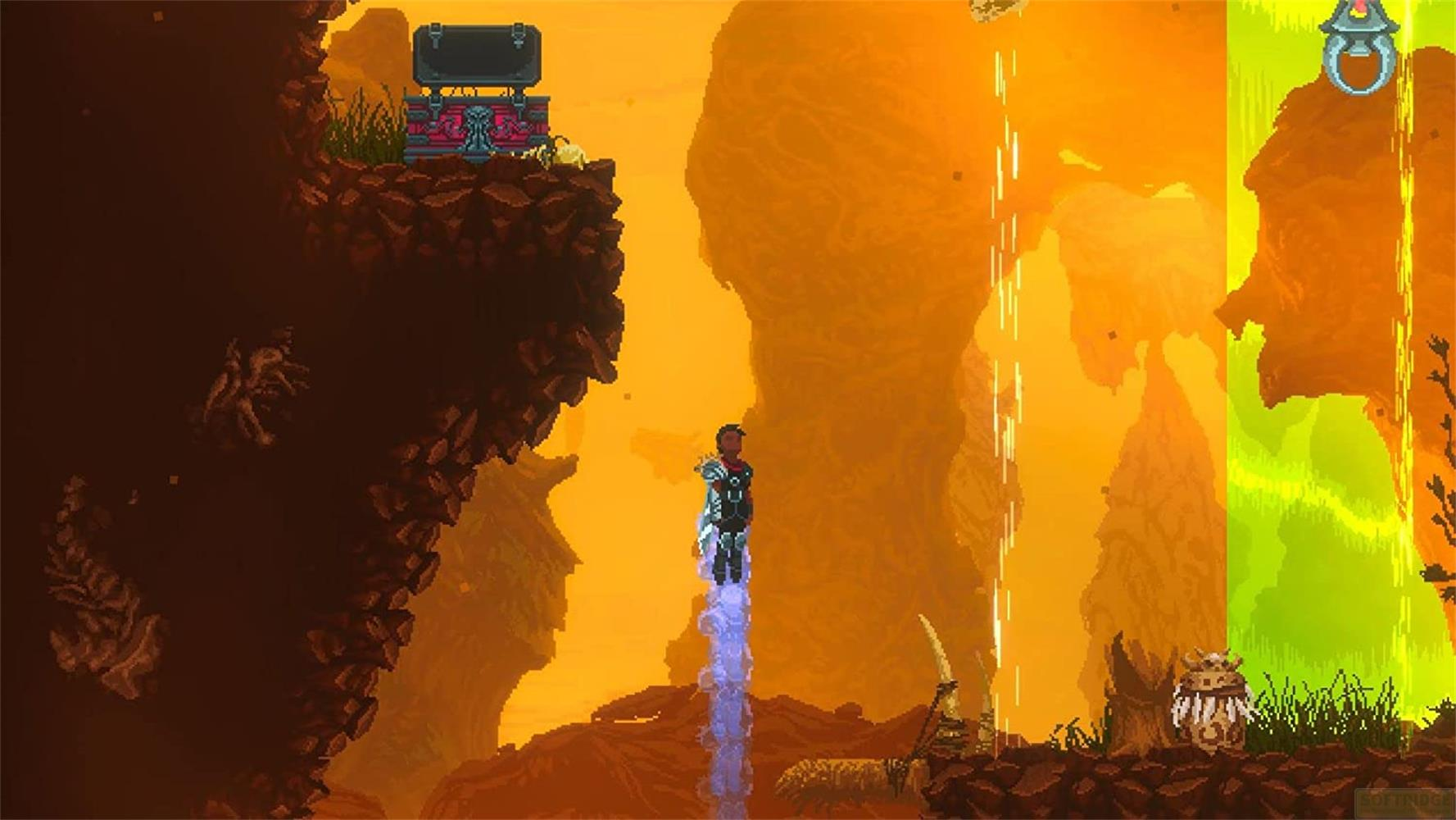 Ein Charakter schwebt in der Luft. Orange Felsen und gelbe Lichtstrahlen im Hintergrund.