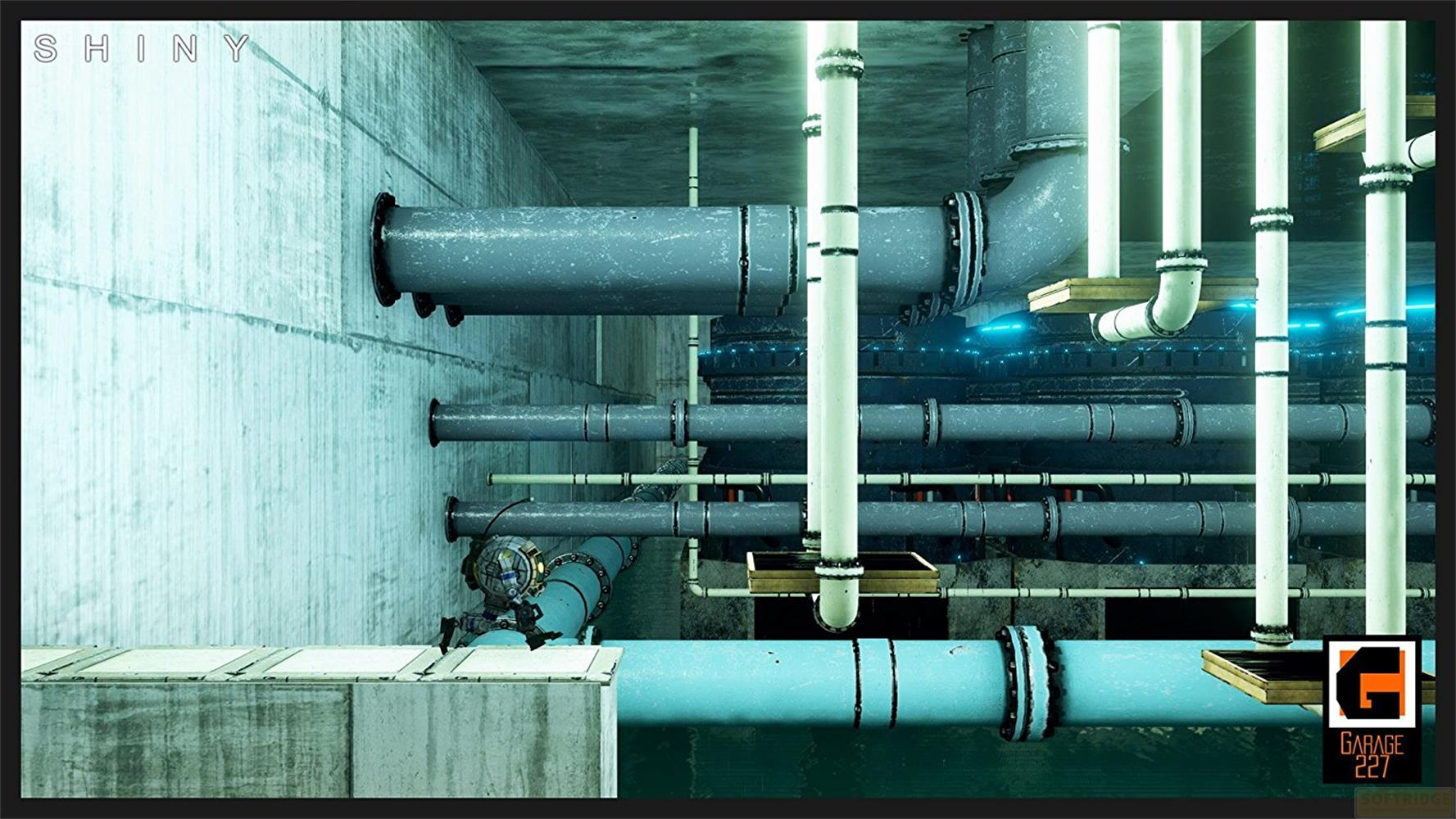 Ein Roboter klettert auf Rohre über blauem Wasser in einem industriellen Raum.