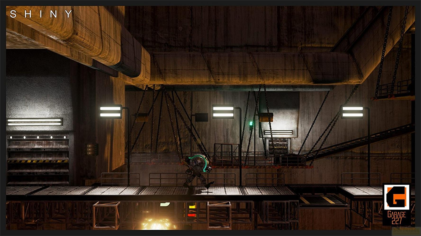Ein Mann in einem Raumanzug läuft auf einer Metallplattform in einer Fabrik.