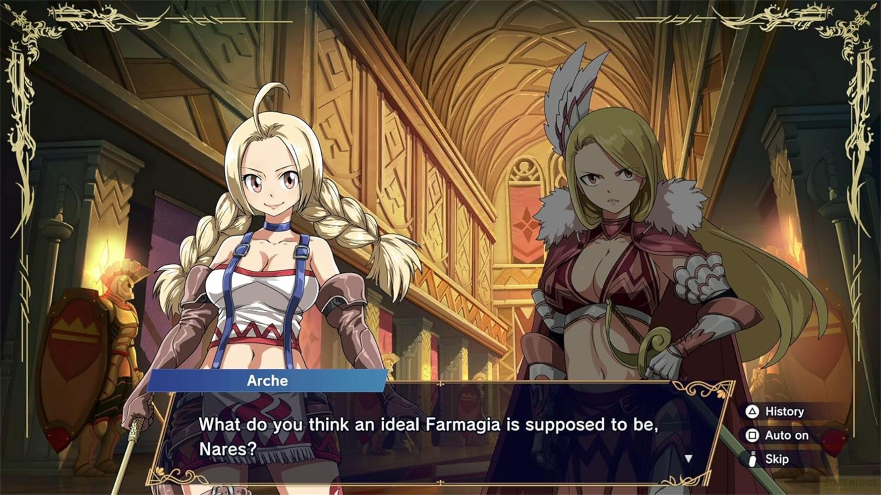 Zwei Anime-Frauen in einem opulenten Korridor. Eine mit blonden Zöpfen, die andere mit Federn im Haar.