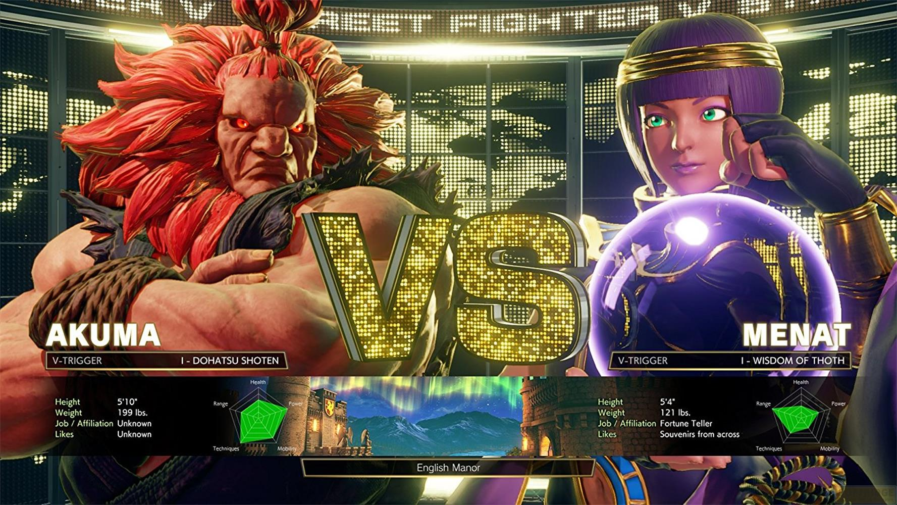 Deux combattants, Akuma et Menat, s'affrontent. "VS" lumineux les sépare.