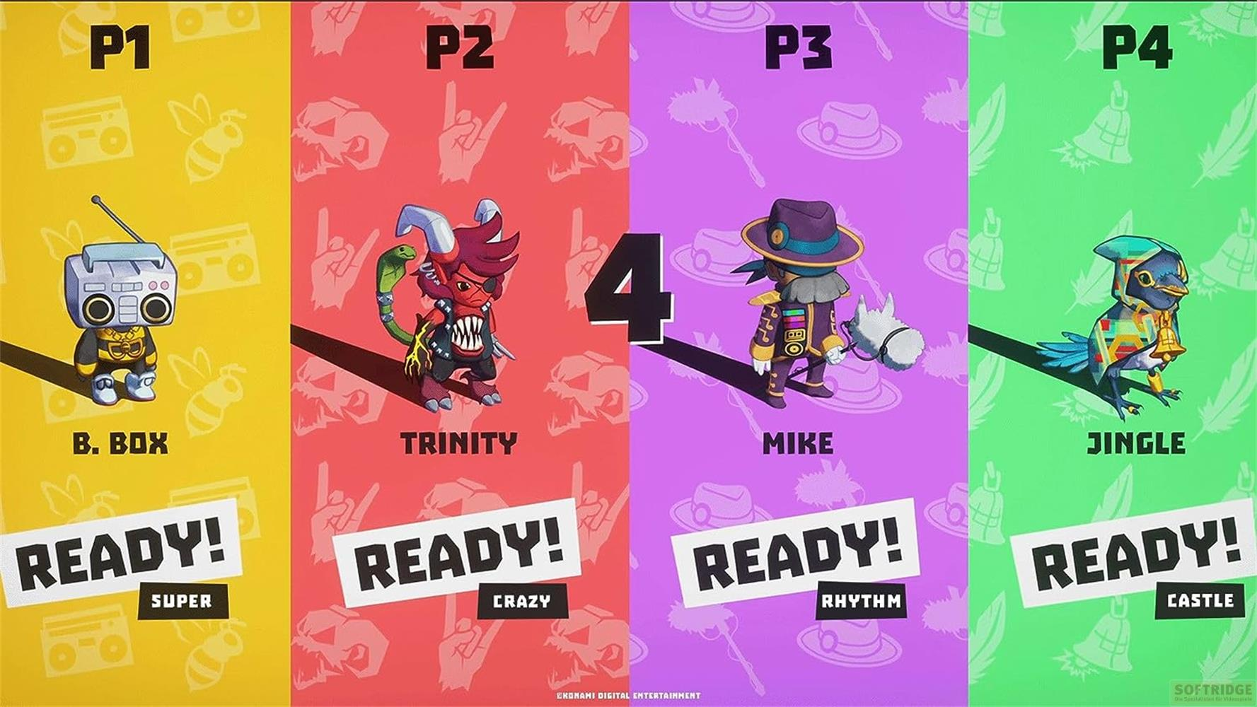 Quatre personnages : B. Box, Trinity, Mike et Jingle sur des fonds colorés.