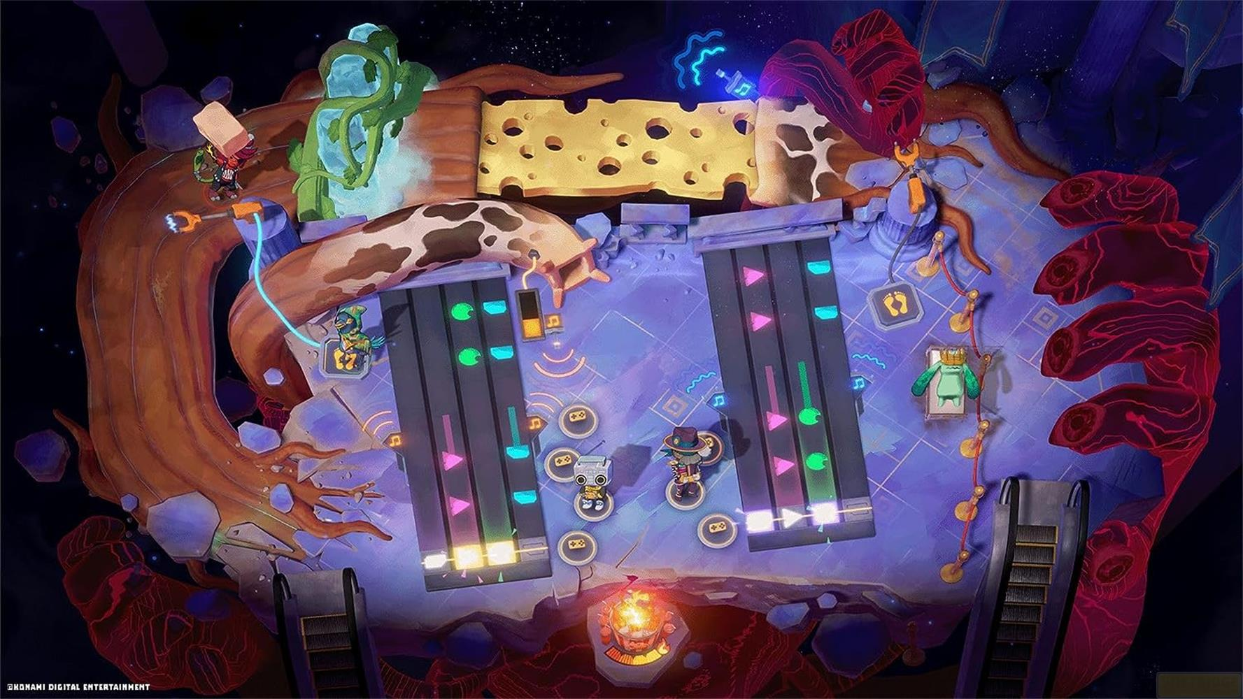 Plateforme musicale colorée avec des robots et une tranche de fromage dans l'espace.