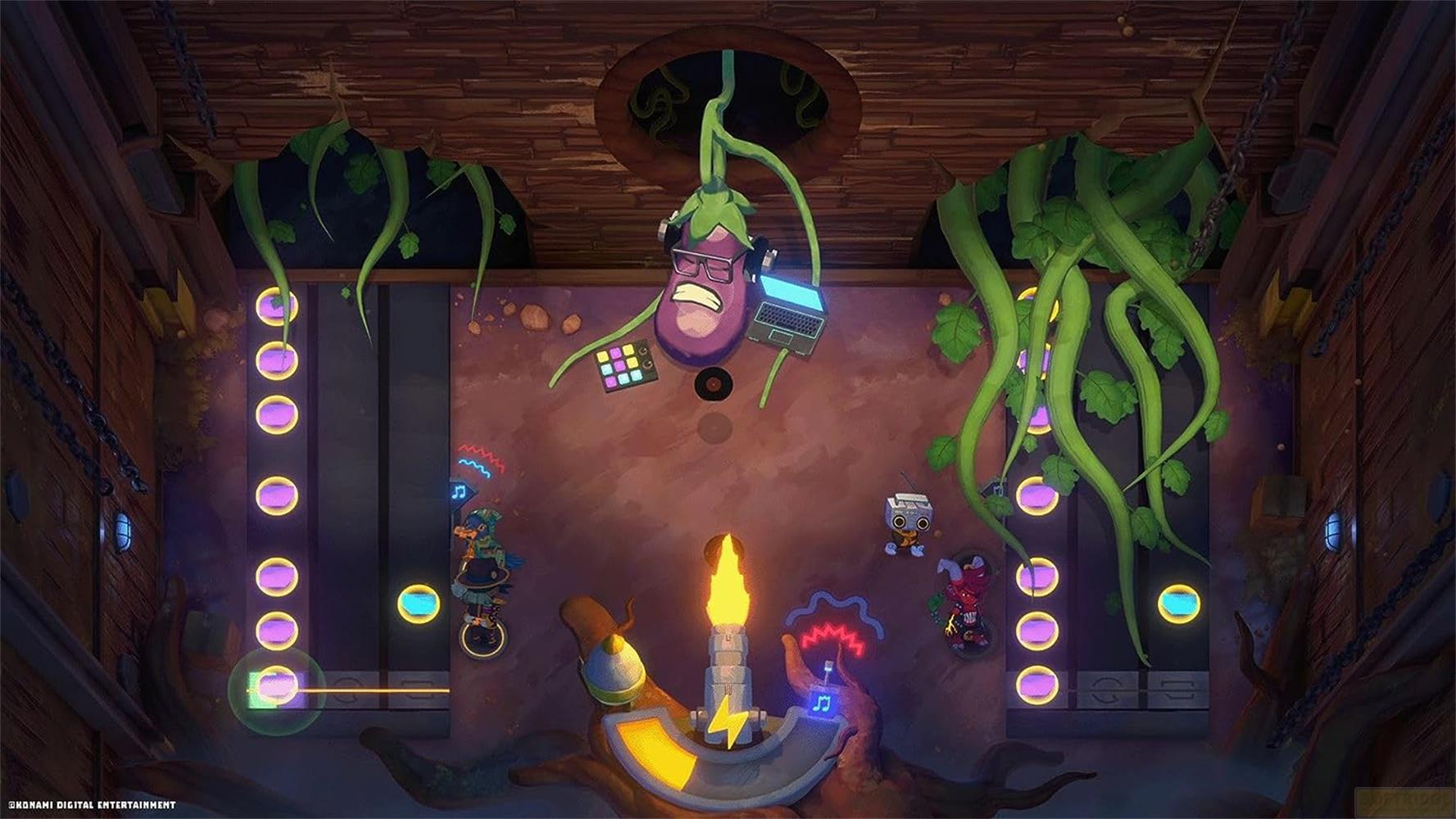 Scène de dessin animé avec des personnages dansants, une aubergine suspendue et des notes de musique.