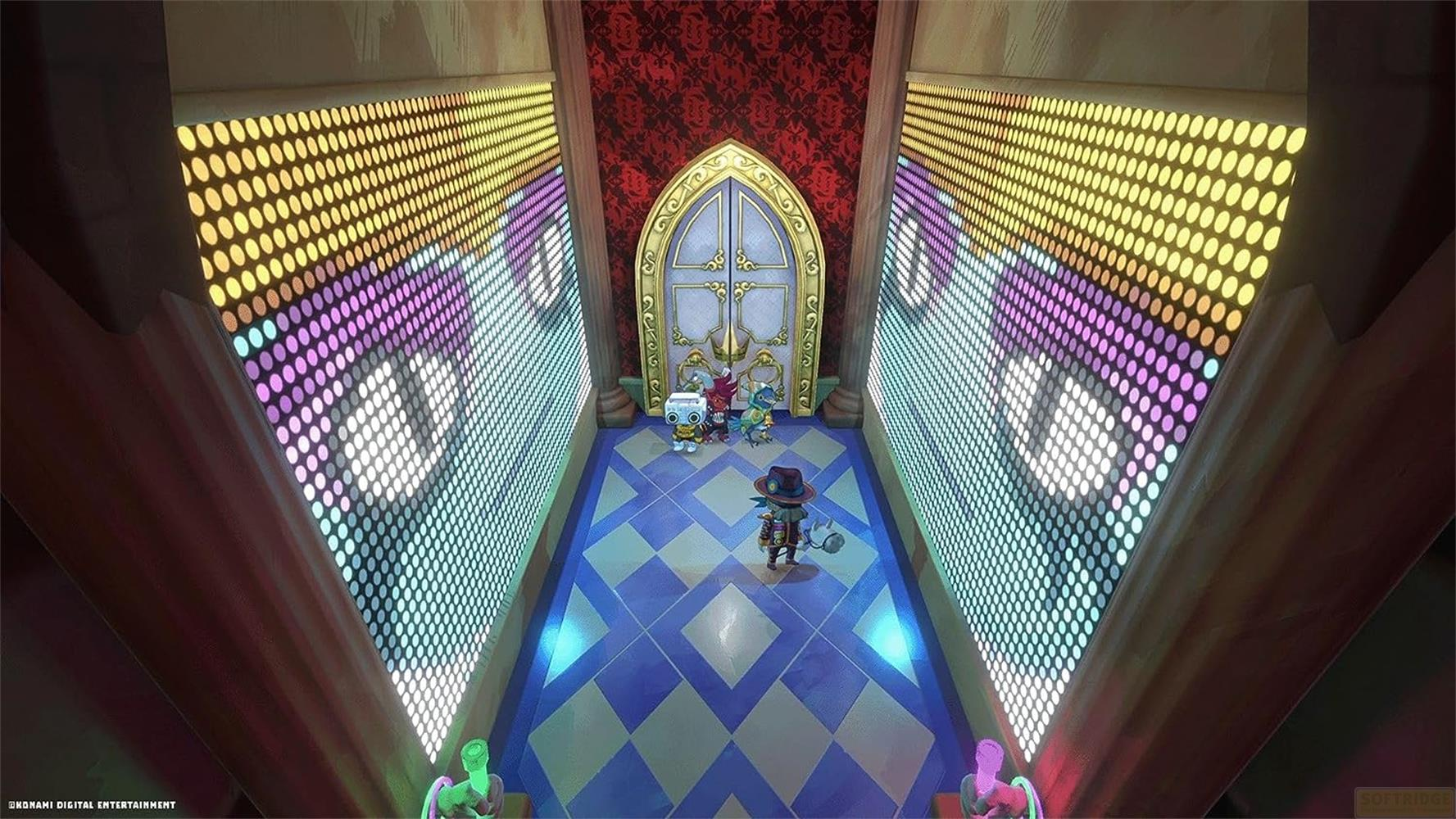 Des lumières colorées illuminent un couloir avec une porte dorée et de petites figures.