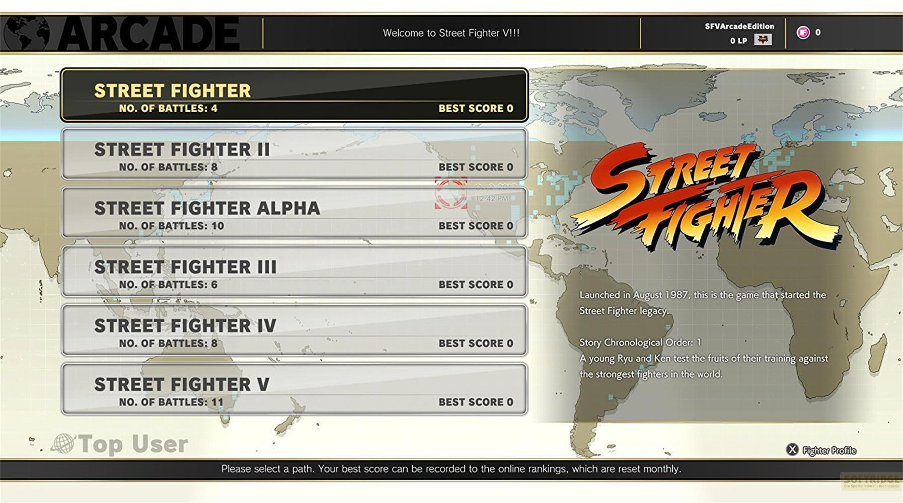 Menu arcade Street Fighter avec liste de jeux et meilleurs scores.