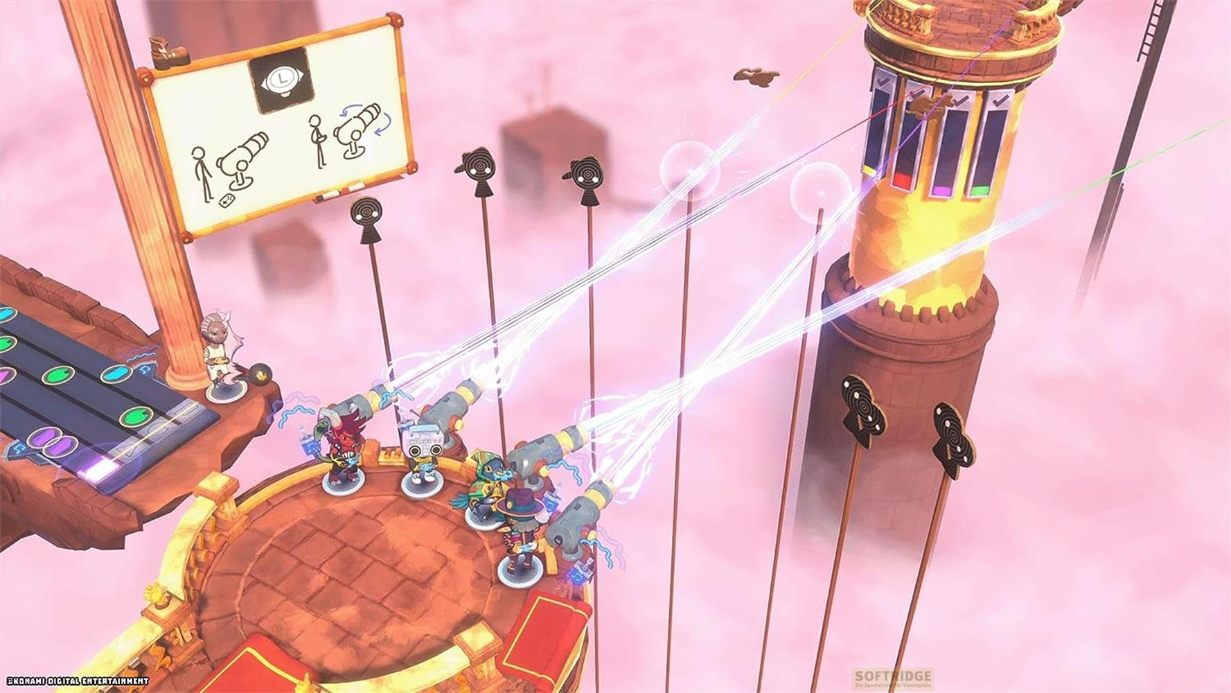 De petites figurines tirent des canons sur une tour dans un ciel rose.