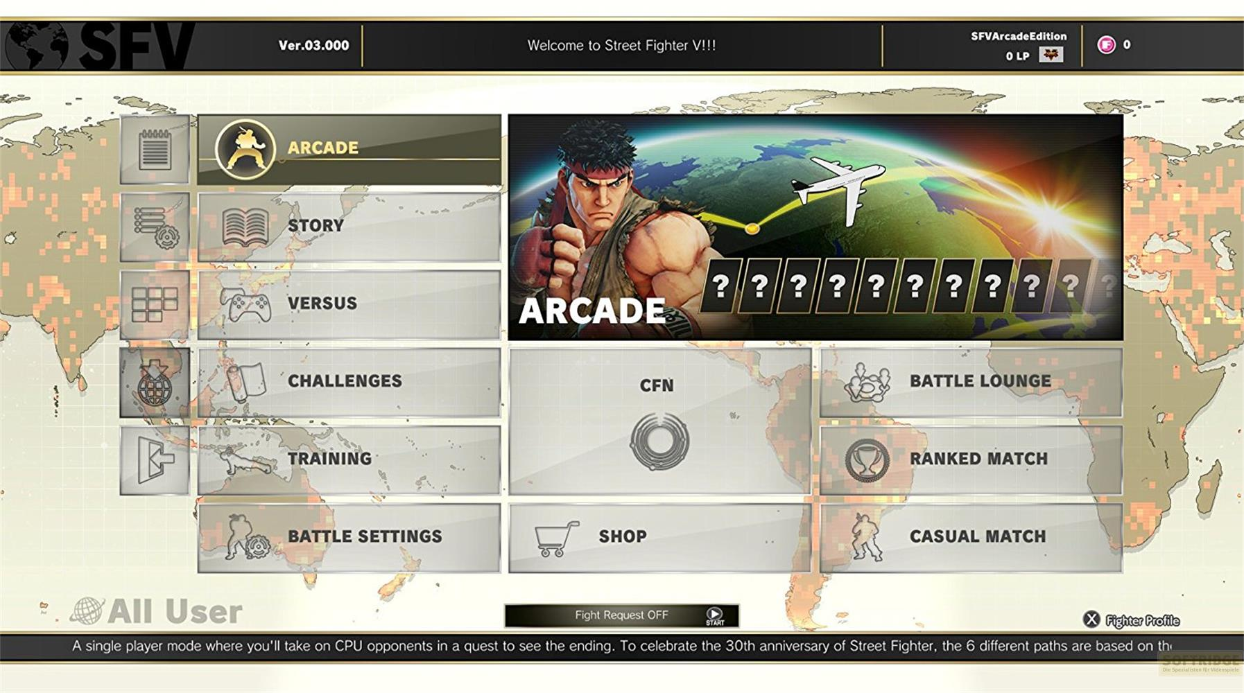 Menu principal de Street Fighter V avec Ryu, modes de jeu et carte du monde.