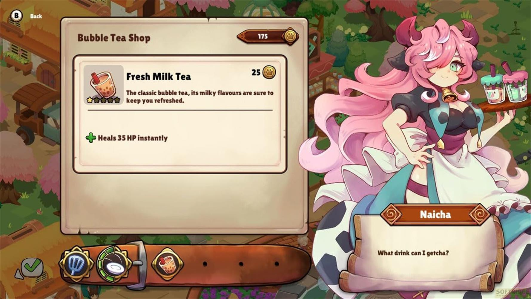 Ragazza anime con capelli rosa vende bubble tea. Menu 'Fresh Milk Tea'.