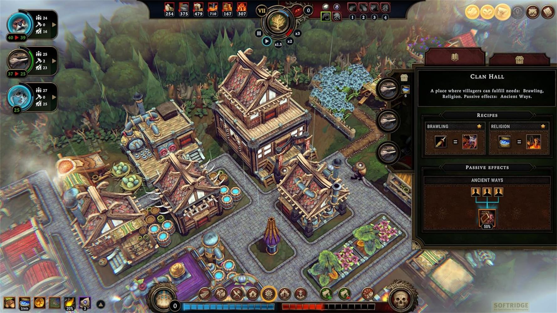 Dorfansicht mit Gebäuden, Bäumen und einem UI-Panel für 'Clan Hall'.