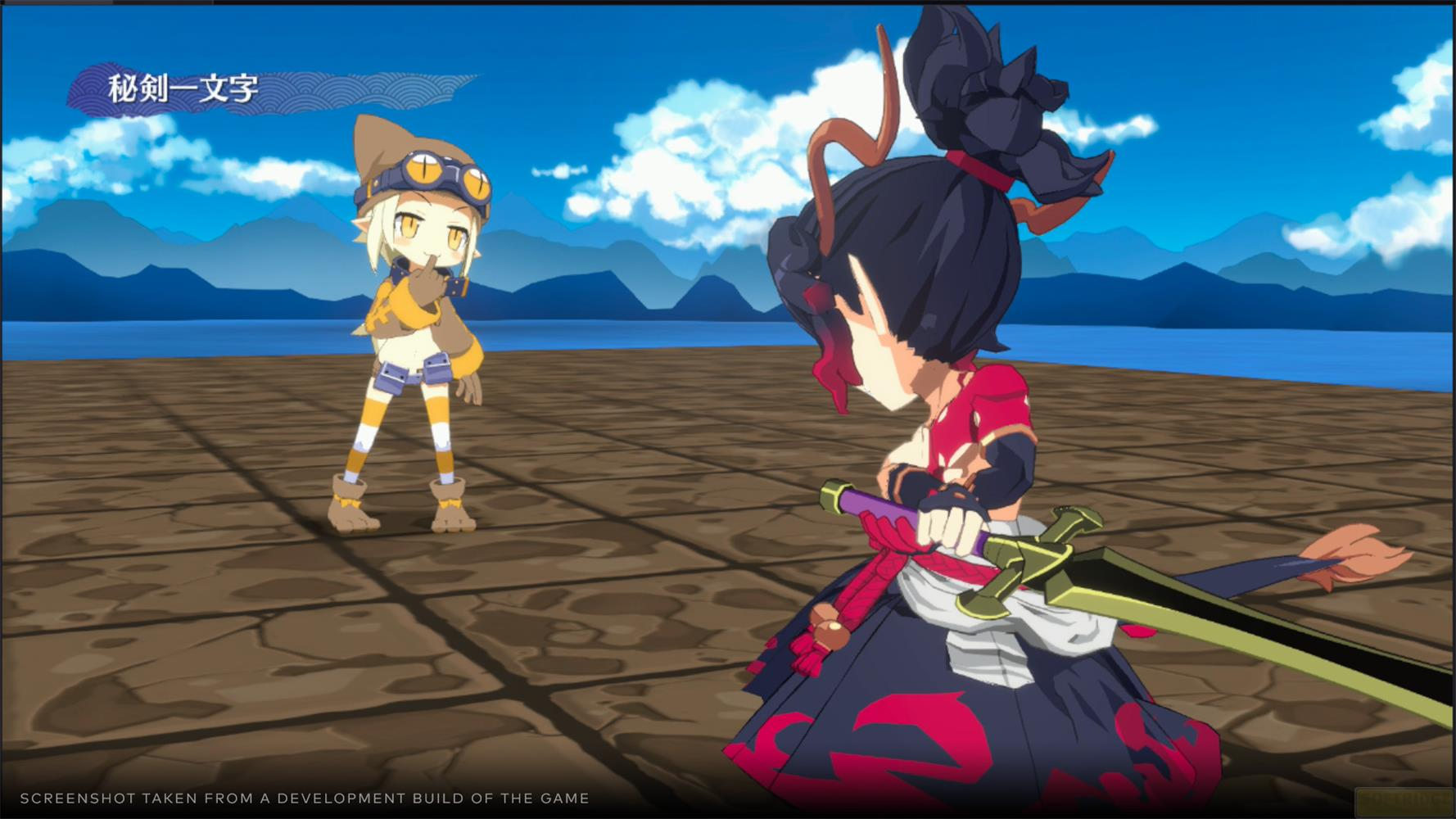 Zwei Anime-Charaktere stehen auf einer steinernen Plattform am Wasser.