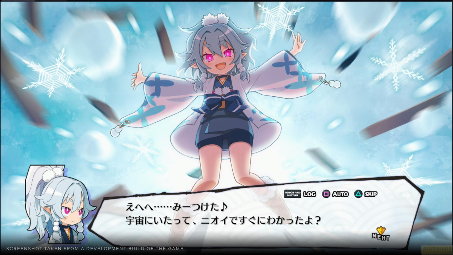 Anime-Mädchen mit rosa Augen und grauen Haaren, umgeben von Schneeflocken.