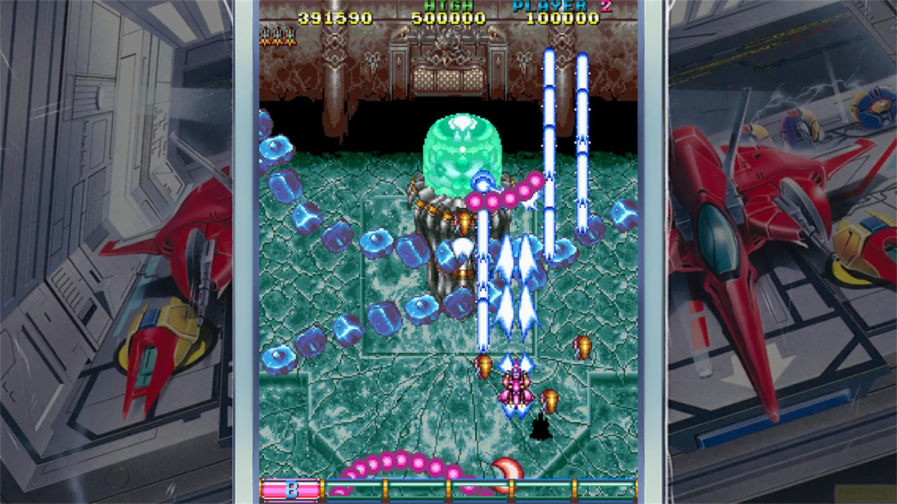 Schermo di gioco sparatutto spaziale con sfere luminose e un'astronave rossa.